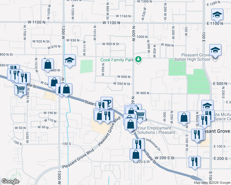 map of restaurants, bars, coffee shops, grocery stores, and more near 781 West 500 North Street in Pleasant Grove