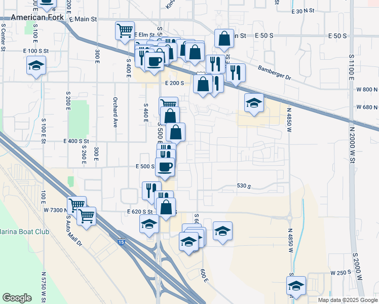 map of restaurants, bars, coffee shops, grocery stores, and more near 435 South 500 East in American Fork