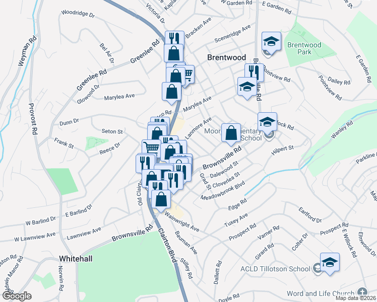 map of restaurants, bars, coffee shops, grocery stores, and more near 112 Heathmore Avenue in Brentwood