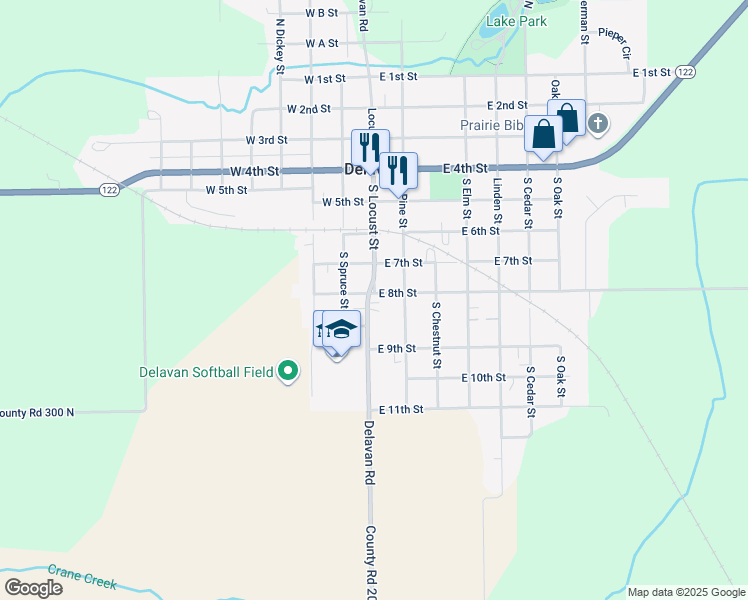 map of restaurants, bars, coffee shops, grocery stores, and more near 804 Locust Street in Delavan
