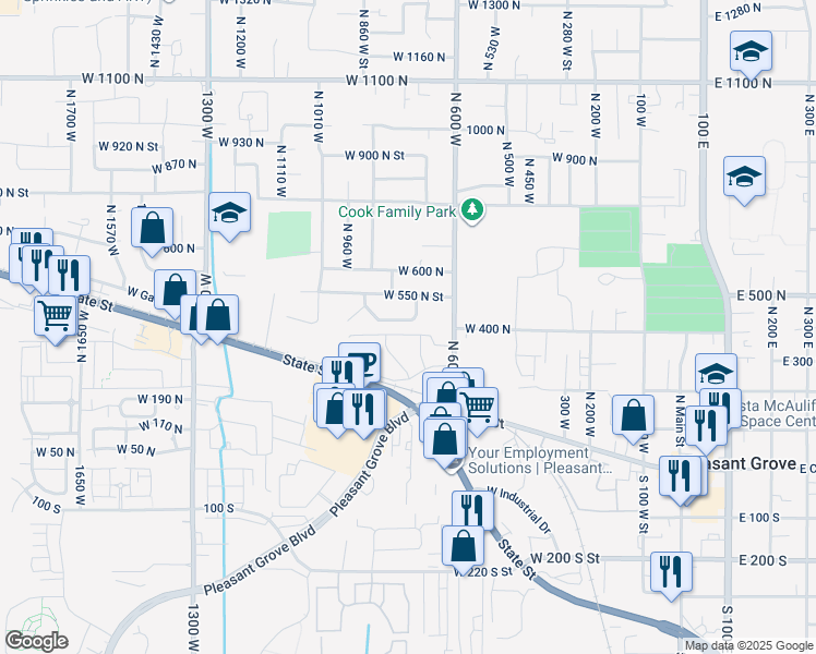 map of restaurants, bars, coffee shops, grocery stores, and more near 781 West 500 North Street in Pleasant Grove