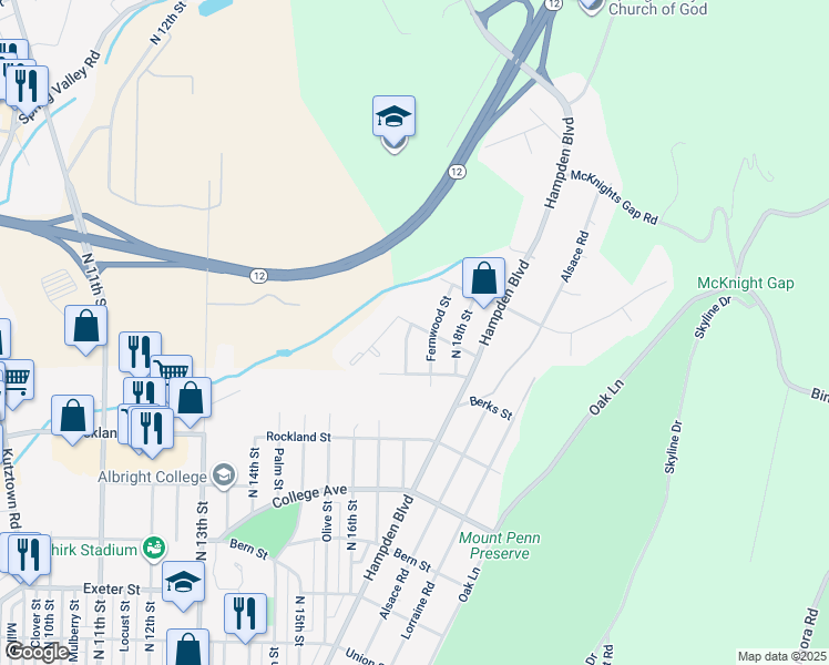 map of restaurants, bars, coffee shops, grocery stores, and more near 2139 North 17th Street in Reading