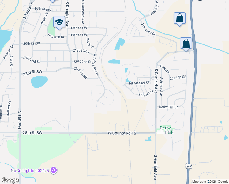 map of restaurants, bars, coffee shops, grocery stores, and more near 532 Sherri Drive in Loveland