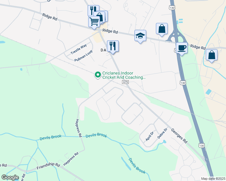 map of restaurants, bars, coffee shops, grocery stores, and more near 29 Liberty Drive in South Brunswick Township
