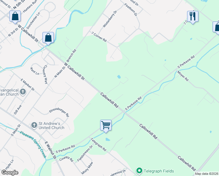map of restaurants, bars, coffee shops, grocery stores, and more near 615 Callowhill Road in Perkasie