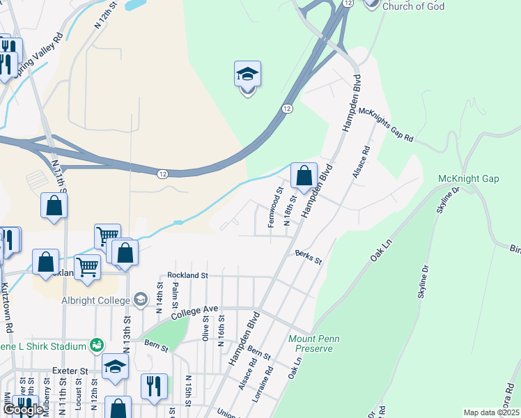 map of restaurants, bars, coffee shops, grocery stores, and more near 2139 North 17th Street in Reading