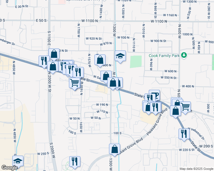 map of restaurants, bars, coffee shops, grocery stores, and more near 1406 West State Street in Pleasant Grove