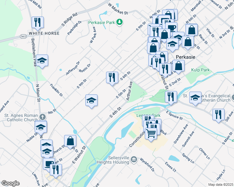 map of restaurants, bars, coffee shops, grocery stores, and more near 500 South 5th Street in Perkasie