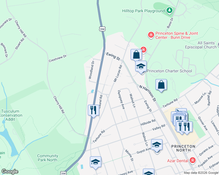 map of restaurants, bars, coffee shops, grocery stores, and more near 207 Mount Lucas Road in Princeton
