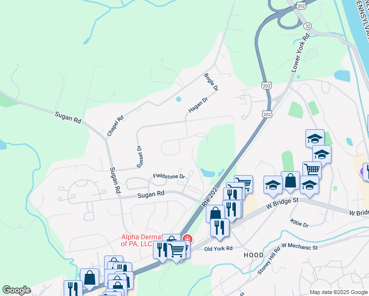 map of restaurants, bars, coffee shops, grocery stores, and more near 100 Parkside Drive in New Hope