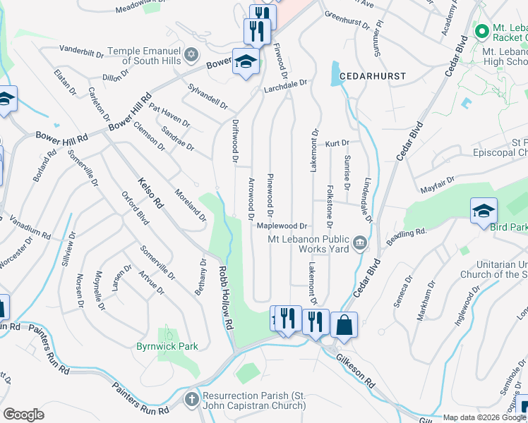 map of restaurants, bars, coffee shops, grocery stores, and more near 1247 Arrowood Drive in Pittsburgh