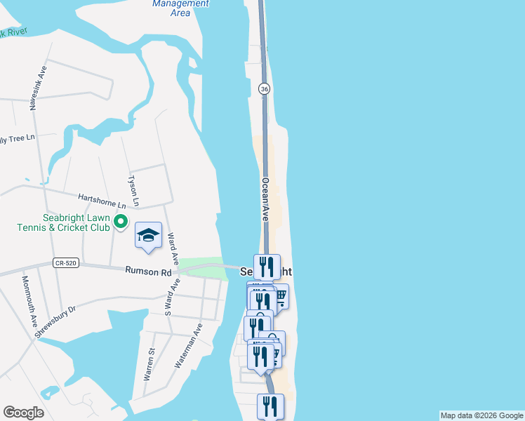 map of restaurants, bars, coffee shops, grocery stores, and more near 912 Ocean Avenue in Sea Bright