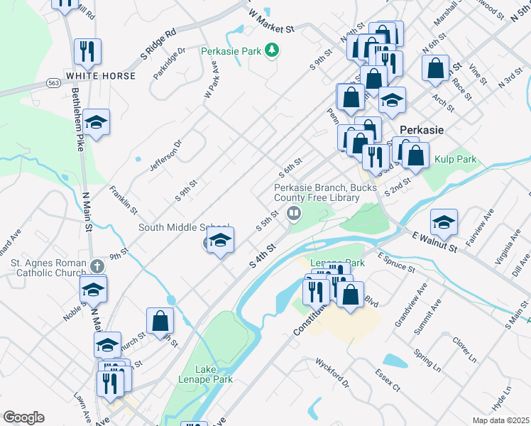 map of restaurants, bars, coffee shops, grocery stores, and more near 500 South 5th Street in Perkasie