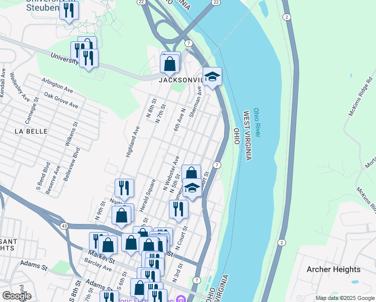 map of restaurants, bars, coffee shops, grocery stores, and more near 701 North 5th Street in Steubenville