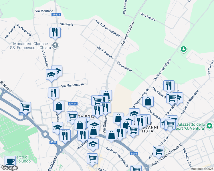 map of restaurants, bars, coffee shops, grocery stores, and more near 39 Via Giammatteo in Lecce