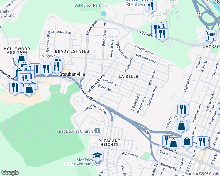 map of restaurants, bars, coffee shops, grocery stores, and more near 1417 Euclid Avenue in Steubenville