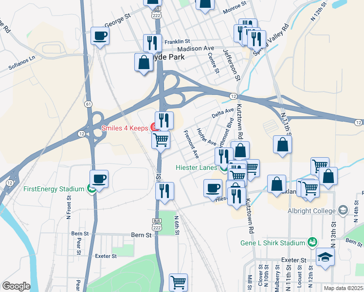 map of restaurants, bars, coffee shops, grocery stores, and more near 605 Crescent Avenue in Reading