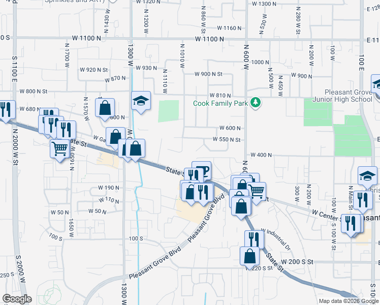 map of restaurants, bars, coffee shops, grocery stores, and more near 998 West 530 North in Pleasant Grove