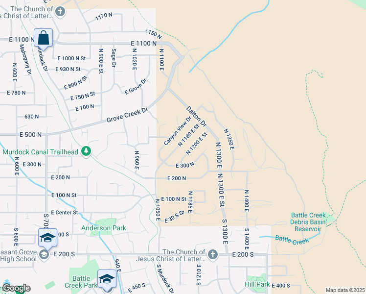 map of restaurants, bars, coffee shops, grocery stores, and more near 428 North 1180 East Street in Pleasant Grove