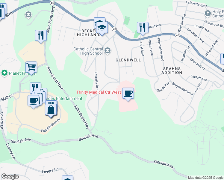 map of restaurants, bars, coffee shops, grocery stores, and more near 3106 Saint Charles Drive in Steubenville