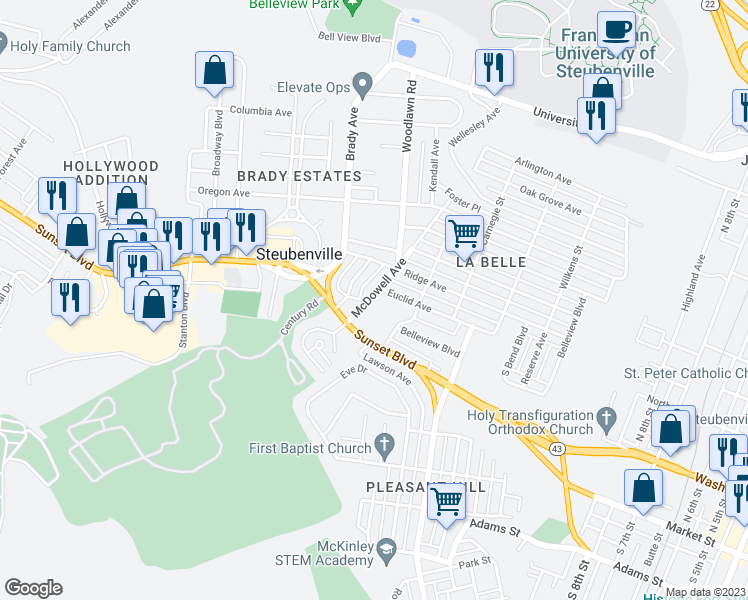 map of restaurants, bars, coffee shops, grocery stores, and more near 136 McDowell Avenue in Steubenville