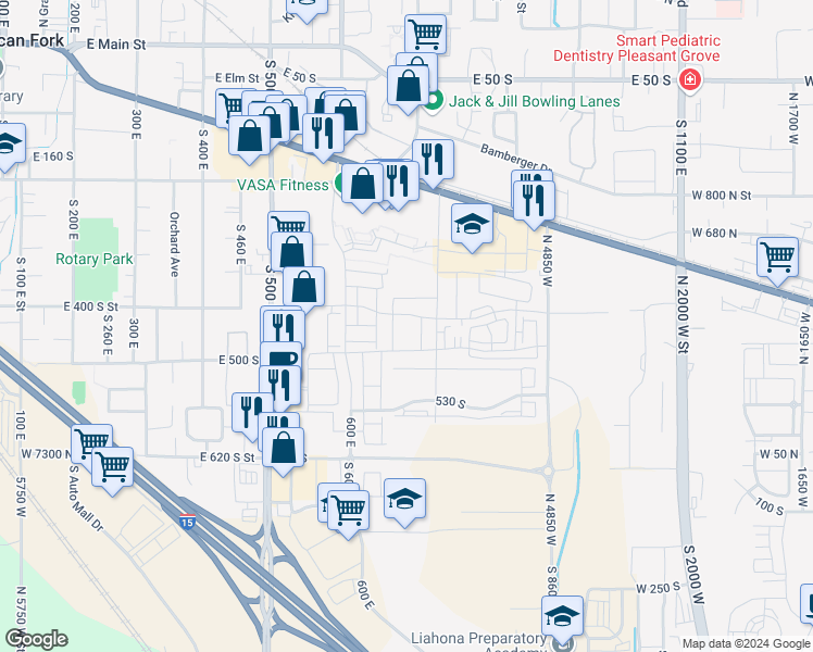 map of restaurants, bars, coffee shops, grocery stores, and more near 449 South 680 East in American Fork