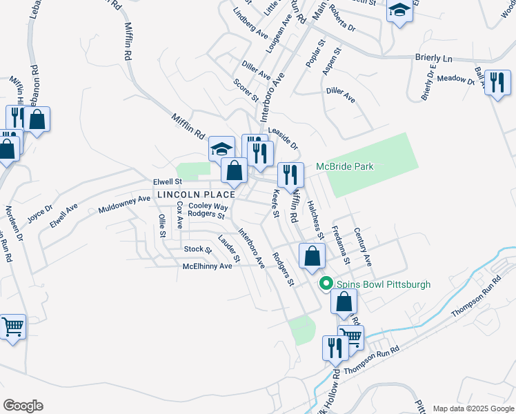 map of restaurants, bars, coffee shops, grocery stores, and more near 1418 Muldowney Avenue in Pittsburgh