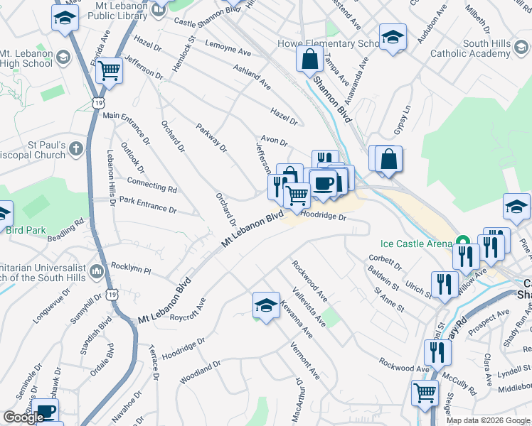 map of restaurants, bars, coffee shops, grocery stores, and more near 230 Mount Lebanon Boulevard in Mount Lebanon