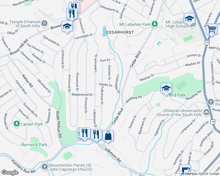 map of restaurants, bars, coffee shops, grocery stores, and more near 1200 Lindendale Drive in Pittsburgh