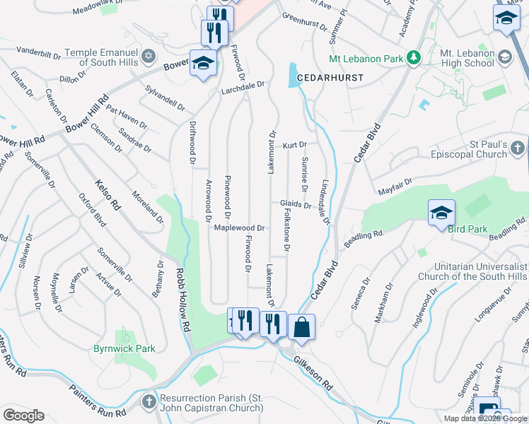 map of restaurants, bars, coffee shops, grocery stores, and more near 1242 Lakemont Drive in Pittsburgh