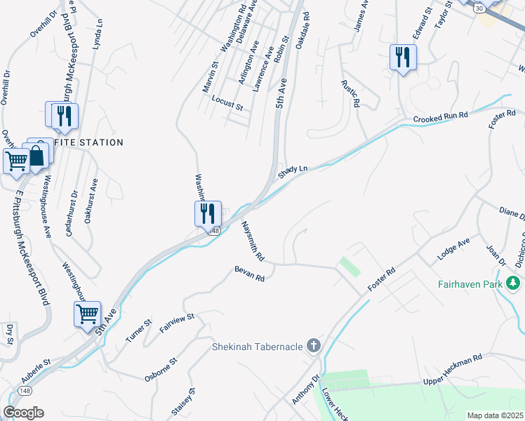 map of restaurants, bars, coffee shops, grocery stores, and more near 3704 Crooked Run Road in North Versailles