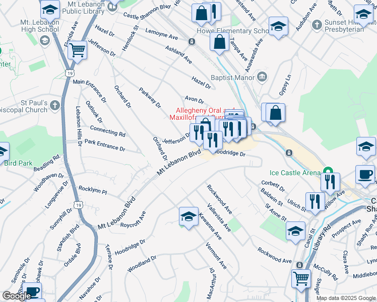 map of restaurants, bars, coffee shops, grocery stores, and more near 195 Mount Lebanon Boulevard in Pittsburgh