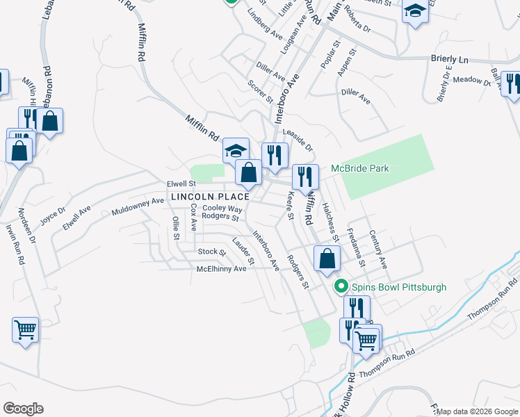 map of restaurants, bars, coffee shops, grocery stores, and more near 1307 Rodgers Street in Pittsburgh