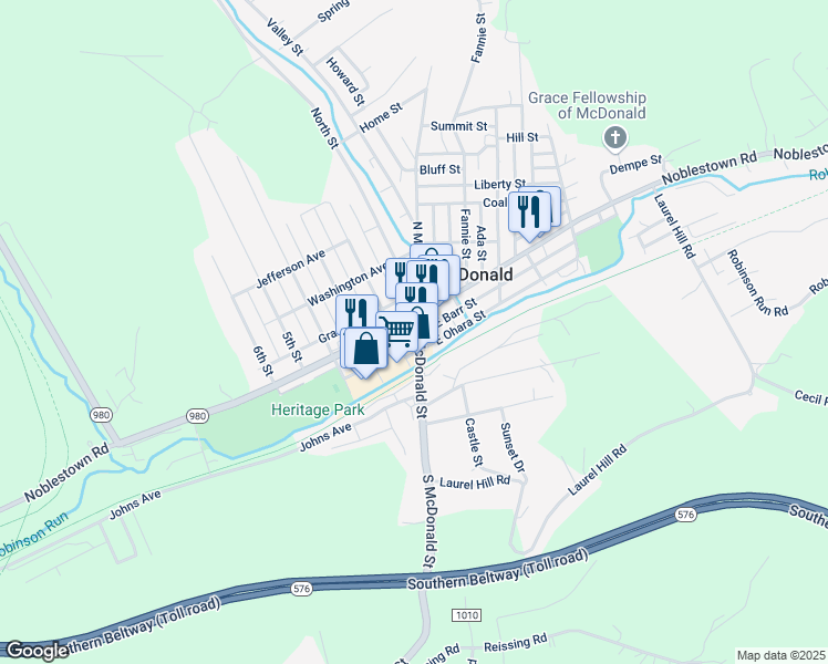 map of restaurants, bars, coffee shops, grocery stores, and more near 110 South McDonald Street in McDonald