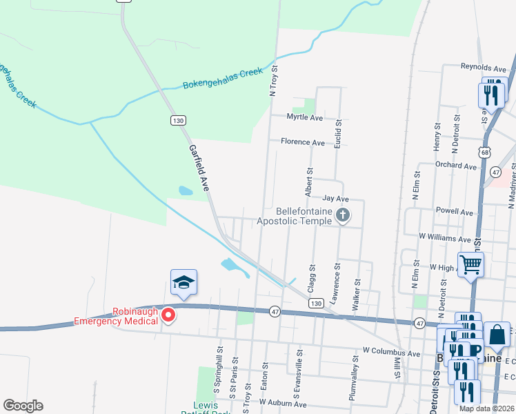 map of restaurants, bars, coffee shops, grocery stores, and more near 500-598 Limestone Street in Bellefontaine