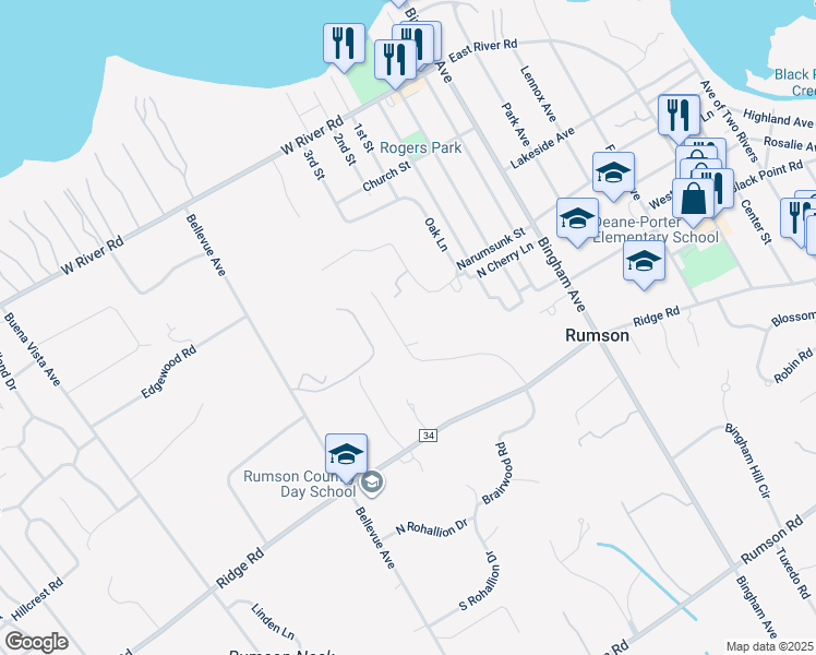 map of restaurants, bars, coffee shops, grocery stores, and more near 18 Sheraton Lane in Rumson