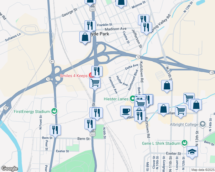 map of restaurants, bars, coffee shops, grocery stores, and more near 605 Crescent Avenue in Reading