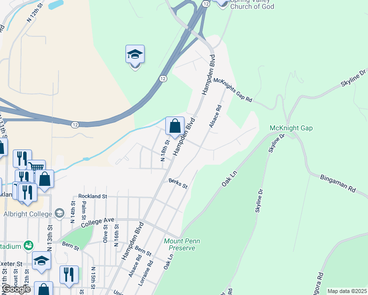 map of restaurants, bars, coffee shops, grocery stores, and more near 2251 Hampden Boulevard in Reading