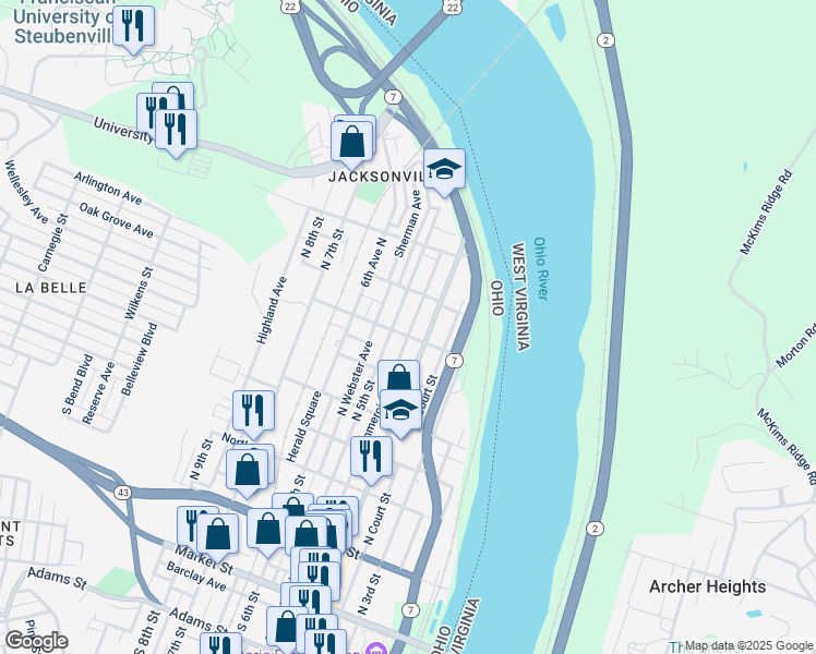 map of restaurants, bars, coffee shops, grocery stores, and more near 412 Ross Street in Steubenville