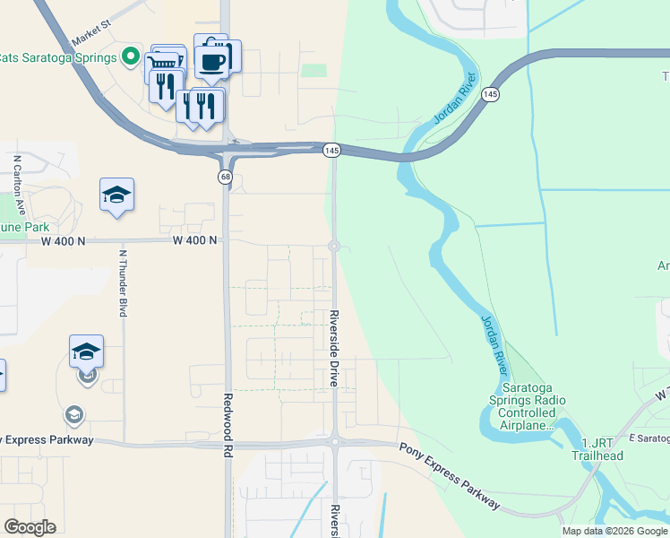 map of restaurants, bars, coffee shops, grocery stores, and more near North Riverside Drive in Saratoga Springs
