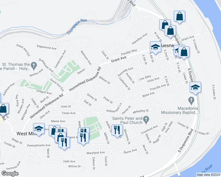 map of restaurants, bars, coffee shops, grocery stores, and more near 1111 Kennedy Avenue in Duquesne