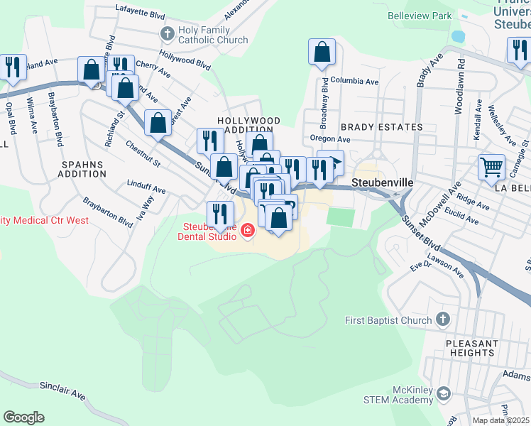 map of restaurants, bars, coffee shops, grocery stores, and more near 264 South Hollywood Boulevard in Steubenville