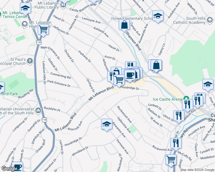 map of restaurants, bars, coffee shops, grocery stores, and more near 195 Mount Lebanon Boulevard in Pittsburgh