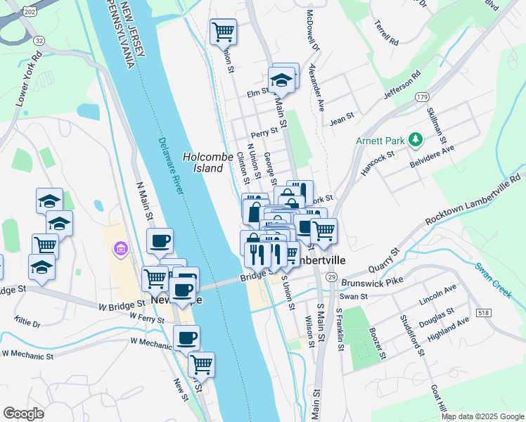 map of restaurants, bars, coffee shops, grocery stores, and more near 73 North Union Street in Lambertville