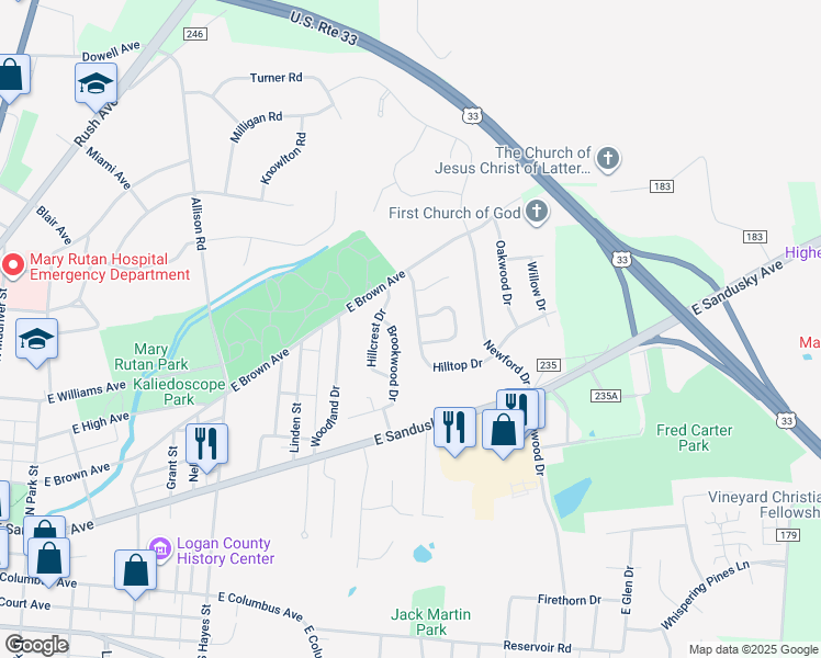 map of restaurants, bars, coffee shops, grocery stores, and more near 520-598 Hilltop Dr in Bellefontaine