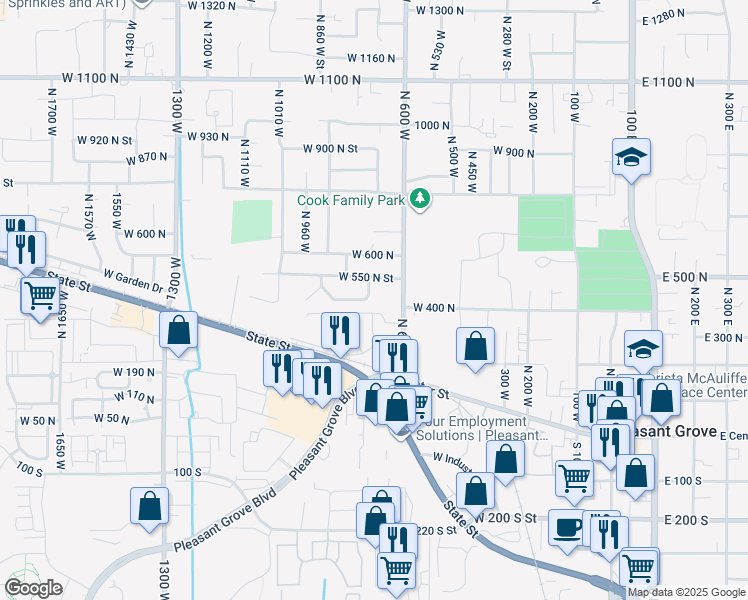 map of restaurants, bars, coffee shops, grocery stores, and more near 781 West 500 North Street in Pleasant Grove