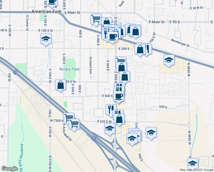 map of restaurants, bars, coffee shops, grocery stores, and more near 434 South 500 East in American Fork