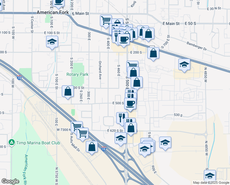 map of restaurants, bars, coffee shops, grocery stores, and more near 471 South 400 East in American Fork