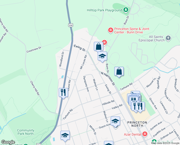 map of restaurants, bars, coffee shops, grocery stores, and more near 113 Dempsey Avenue in Princeton