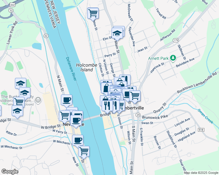 map of restaurants, bars, coffee shops, grocery stores, and more near 13 York Street in Lambertville